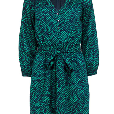 Shoshanna - Green & Navy Geometric Print Long Sleeve Dress Sz 0