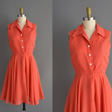 1960s vintage dress | Adorable Tomato Red Cotton Swiss Dot Dress | Medium | 60s dress 