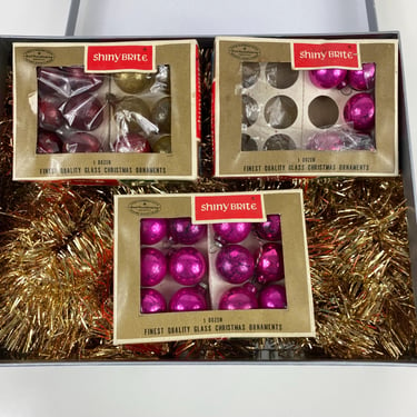 Vintage Miniature Christmas Tree Ornament set of 3 boxes, Shiny Brite balls, Package Ties, Center Pieces, Table Trees, Pink Gold Red 