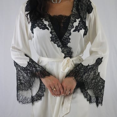 Vintage Cream + Black Silk + Lace Full Length Robe - M/L 