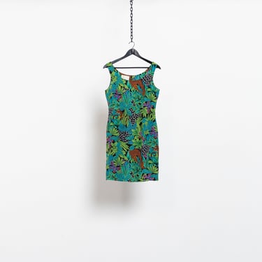 SILK SHIFT DRESS tropical vacation print Spring Summer vibrant sleeveless / Small Medium 