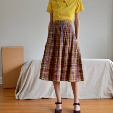german cotton pleated plaid midi skirt with ruched waistline / 29w 