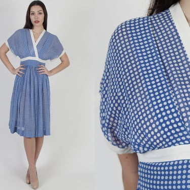 Designer Albert Nipon Dress, 80s Polka Dot Print Silk Mini, Vintage Blue And White Spotted Wear To Work Outfit 