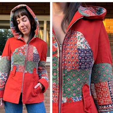70s red patchwork hooded jacket 