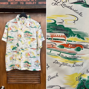 Vintage 1950’s -Deadstock- Florida Cartoon Travel Silky Rayon Hawaiian Rockabilly Shirt, 50’s Loop Collar Shirt, Vintage Clothing 