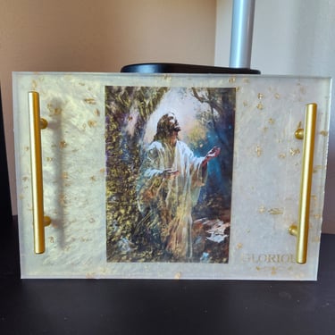 Handcrafted Resin Art Tray featuring Jesus in the Garden w 2 Matching Coasters 