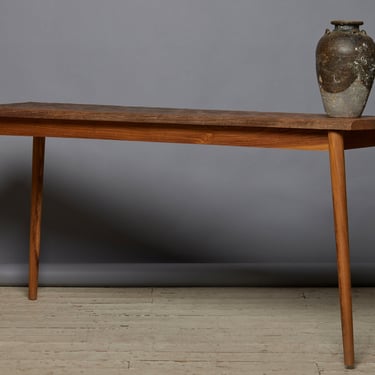 Old Thick Top Teak Console Table with Modern Turned Legs