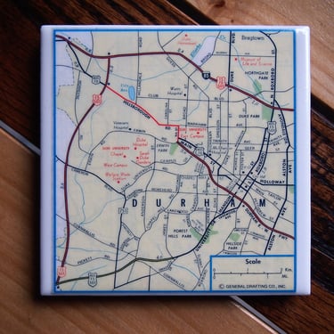 1981 Durham North Carolina Map Coaster. Duke University Gift. City map coasters. Office décor. Duke Blue Devils. Carolina Décor. Vintage Map 