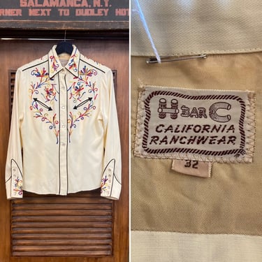 Vintage 1950’s Ladies’ “H Bar C” Rayon Western Cowboy Cowgirl Rockabilly Pearl Snap Shirt Top, 50’s Vintage Clothing 