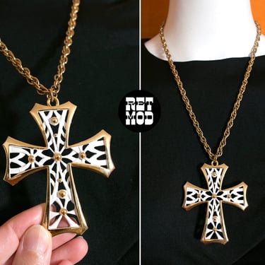 Vintage 70s Statement Cross Necklace in White & Gold 