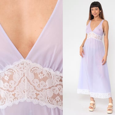 70s Lavender Nightgown Slip Dress Emilio Pucci Maxi Sheer Lace Lingerie Vintage Pastel Purple Empire Waist V Neck Bohemian Medium 