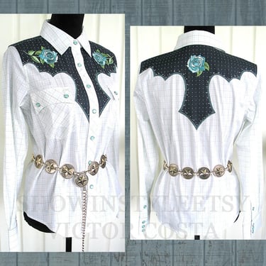 Victor Costa Vintage Retro Western Women's Cowgirl Shirt, White and Beige Plaid, Embroidered Blue Roses, Approx. Small (see meas. photo) 