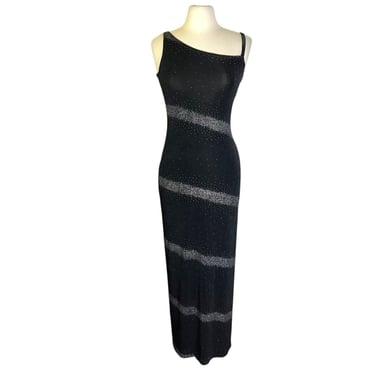 Vintage Y2K 2000s Zum Zum Black Metallic Silver Glitter Stripe Long Prom Dress 