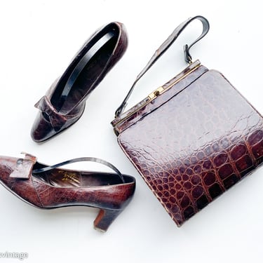 1950s Brown Alligator Shoes Handbag Set | 50s Brown Leather Handbag & Pump Set | Rinaldi | I Magnin Company | 6.5 