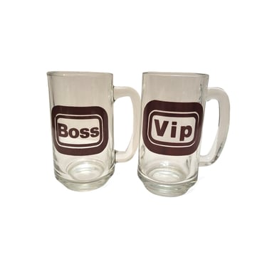 1970s Vintage Boss & VIP Beer Mugs, Bar Glasses, HBIC, Girl Boss, Typography Helvetica, POP Art Graphic Drink Glasses, Vintage Retro Barware 