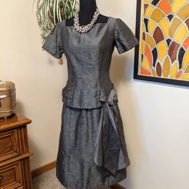 Vintage 1950s Charcoal Grey Top & Skirt Evening Set With Organza Bow Sash at Waist 