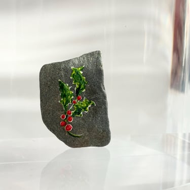 Hand Painted Mistletoe Rock Christmas | Holiday Themed Vintage Brooch Pin 