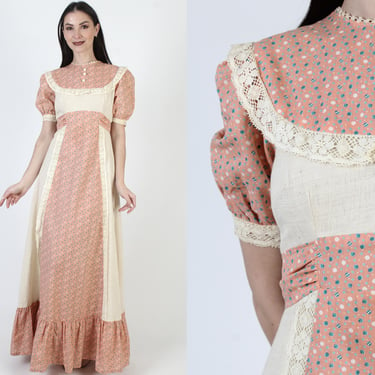 Long Peach Prairie Dress, Cottagecore 70s Peasant Maxi, Womens Muslin Cream Material 