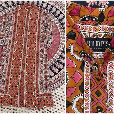 Vintage 1970’s GUMP’S San Francisco block print kaftan | hippie maxi dress, bohemian Pakistani cotton gown, S/M 