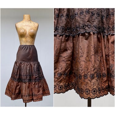 Vintage 1950s Embroidered Lace Petticoat, 50s Brown/Black Rockabilly Crinoline, Full Skirt Half Slip, Medium 