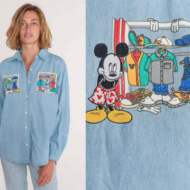 Mickey Mouse Shirt 90s Disney Denim Button Up Blouse Long sleeve Top Retro Cartoon Nostalgic Blue Chambray Vintage 1990s Disneyland Medium M 