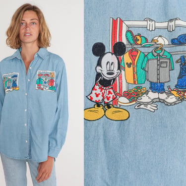 90s Denim Disney Shirt Mickey Minnie Shirt Donald Duck Denim Shirt Mickey  Mouse Button up Vintage Jean Shirt Blue Extra Large Xl L 