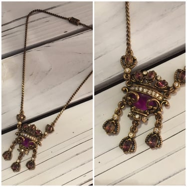 Vintage 1940s 1950s Brass Purple Rhinestone Necklace 40s 50s 