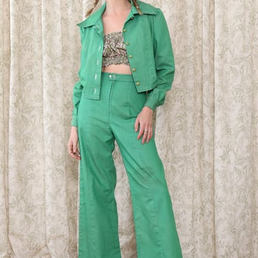1970s Frog Green Flared Suit S