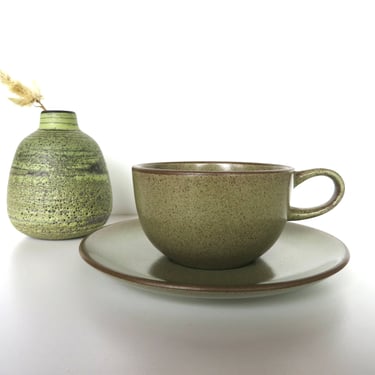 Early Heath Ceramics Cup And Saucer In Sage, Modernist Speckled Green Coffee Cup By Edith Heath 