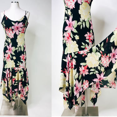 1990s Black Floral Sexy Fitted Mermaid Dress w Spaghetti Straps by Dress-U by Sharon XS/S | Vintage, Date Night, Hydrangea, Hibiscus & Rose 