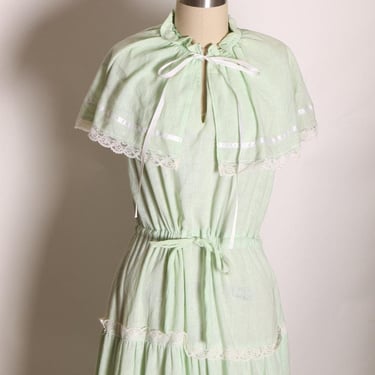 1970s Mint Green Draped Collar White Lace Trim Prairie Cottagecore Dress by PBJ -L 