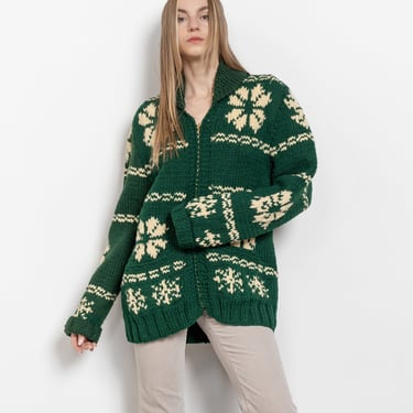 CHUNKY KNIT CARDIGAN Vintage Zip Up Green Snow Flakes Hand Knit Sweater Pockets 90's Oversize / Large 