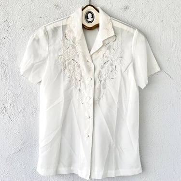 Vintage 70s Boho Asian Collared Top 1970s White Hippie Lace Cutout Shirt 