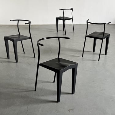 Set of 4 Postmodern 'Dr. Glob' Stackable Dining Chairs by Philippe Starck for Kartell, Black Metal and Plastic, 1980s Italy 