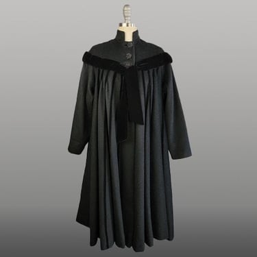 1940s Black Coat / 1940s Black Swing Coat / Wool and Velvet Black Evening Coat / Size Medium Size Large 