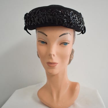 1940s New York Creations Sequined Black Felt Hat 