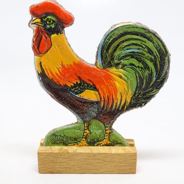 Antique German Rooster in Wood Stand, Pressed Embossed Cardboard Stand Up Farm Toy for Christmas Putz or Nativity, Vintage GERMANY 