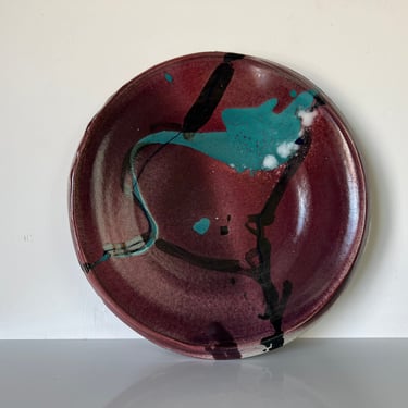 80's Large Handmade Decorative Studio Pottery Plate, Signed 