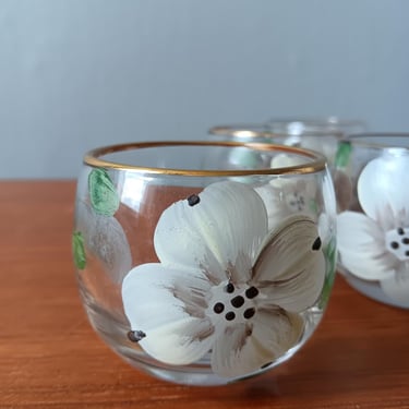 Roly Poly Glasses with Hand Painted Flowers | Mid Century Barware 