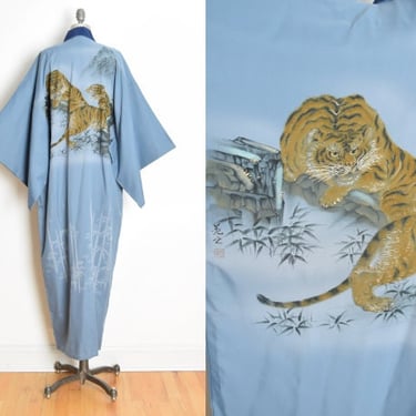 vintage 70s kimono robe Japanese Asian tiger print duster bed jacket L XL blue clothing 