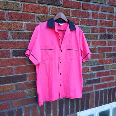 Vintage 1970's Style Hilton Pink and Black Bowling Camp Shirt / Medium 