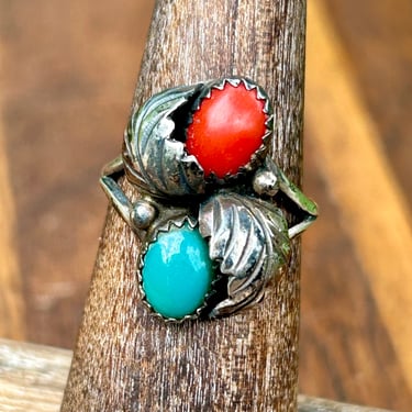 Sterling Silver Turquoise Coral Native American Jewelry Navajo Signed Retro 70s 