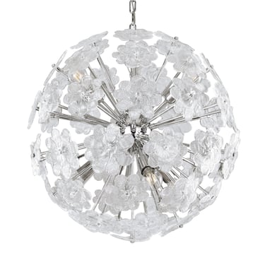 Vintage Sputnik large chandelier with Murano glass flowers and chrome frame, handmade Made in Italy 