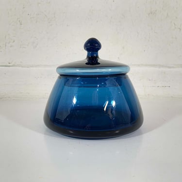 Vintage Blue Glass Covered Candy Dish Stasher Lidded Box Trinket Holder Vanity Storage Mid Century Empoli Italian Style Home Decor 1960s 