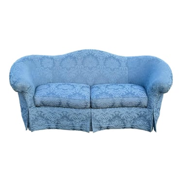 Traditional Blue Damask Camelback Curved Sofa 