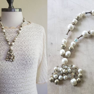 1960s Boho Necklace Cream Opalescent and Platinum Metallic Beads Faux Pearl Single Strand Fringed Bead Pendant / Seana 