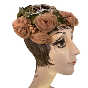 1950s hat, vintage headpiece, chiffon roses, beige flowers hat, mid century fashion, 50s millinery 