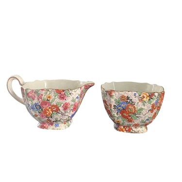 Elijah Cotton LTD (Lord Nelson Ware) Made in England Tea Coffee Set Creamer and Sugar Chintz Floral  Marina Pattern 