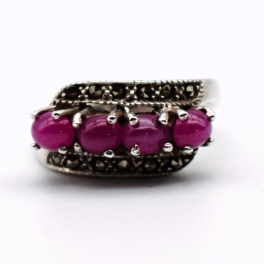 80's sterling pink sapphire marcasite size 6.25 cocktail ring, 925 silver pyrite oval cabs swoop ring 