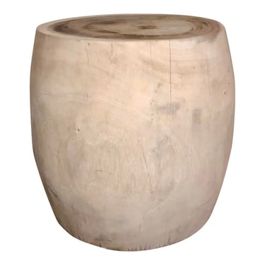 Organic Modern Solid Carved Wood Drum Accent Table.